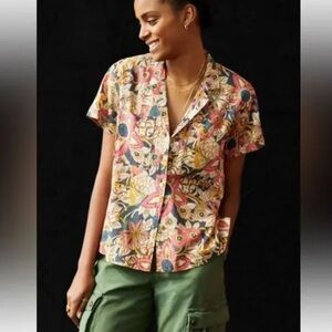 Anthropologie Pilcro Womens Shirt sz XL Camp Shirt Hawaiian Floral Cotton Boho